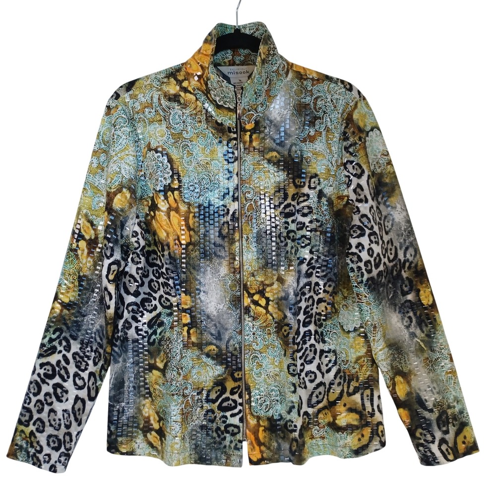 Exclusively Misook Womens Sequin Mixed Print Leopard Lace Zip Jacket Gold Blue M
